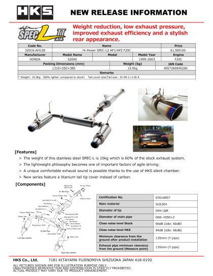 HKS Hi-Power Muffler SPEC-L II - AP2 F22C S2000 Honda HKS32016-AH128